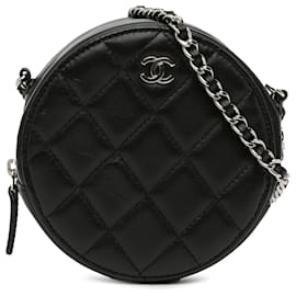Chanel-Chanel Black CC Quilted Lambskin Round Clutch with Chain-Black