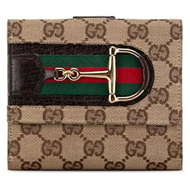 Gucci-Gucci GG Canvas Horsebit Bifold Compact Wallet Canvas Short Wallet 138031 in Good condition-Brown