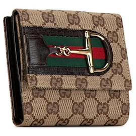 Gucci-Gucci GG Canvas Horsebit Bifold Wallet 138031 Brown Leather in Very Good Condition-Brown