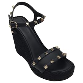 Valentino-Valentino Black Rockstud Embellished Silk Rope Wedge Sandals-Black