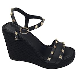 Valentino-Valentino Black Rockstud Embellished Silk Rope Wedge Sandals-Black