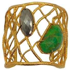 Alexis Bittar-Alexis Bittar Green Stone Gold Wire Wide Cuff Bracelet-Golden