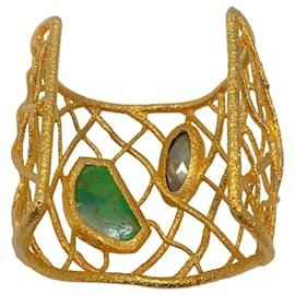 Alexis Bittar-Alexis Bittar Green Stone Gold Wire Wide Cuff Bracelet-Golden