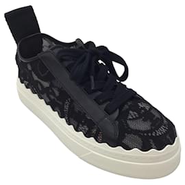 Chloé-Chloe Black / White Leather Trimmed Lace Sneakers-Black