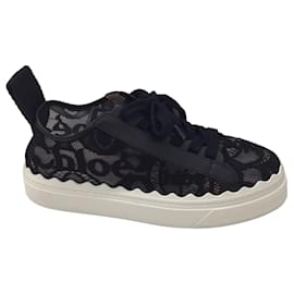 Chloé-Chloe Black / White Leather Trimmed Lace Sneakers-Black