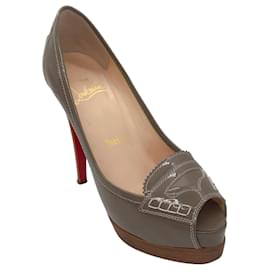 Christian Louboutin-Christian Louboutin Taupe Patent Leather Peep Toe Stiletto Heel Loafer Pumps-Beige