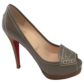 Christian Louboutin-Christian Louboutin Taupe Patent Leather Peep Toe Stiletto Heel Loafer Pumps-Beige