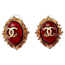 Chanel-Chanel Gripoix oval red resn, gold plated vintage drop earrings-Red,Golden