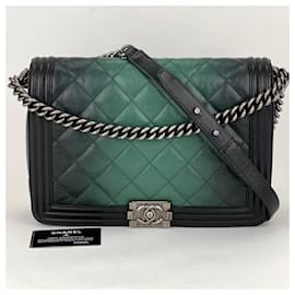 Chanel-CHANEL Bag Dark Green Ombre Quilted Glazed Leather Large Boy Authentic preowned-Green