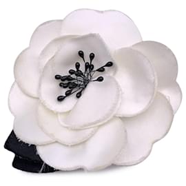 Chanel-Vintage White Silk Black Satin Bow Camellia Camelia Brooch-White