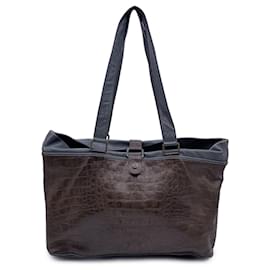 Autre Marque-Marianelli Vintage Grey Embossed Leather Tote Shoulder Bag-Grey