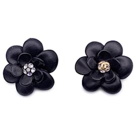 Chanel-Vintage Black CC Camellia Clip On Earrings with Crystals-Black