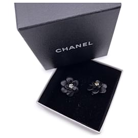 Chanel-Vintage Black CC Camellia Clip On Earrings with Crystals-Black