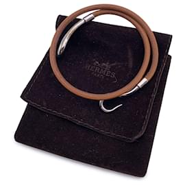 Hermès-Hermes Tan Leather Double Tour Silver Metal Jumbo Hook Bracelet-Brown