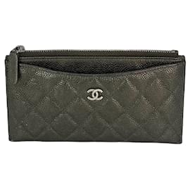 Chanel-Chanel Metallic Caviar Quilted Classic Zip Dark Charcoal Pouch Clutch-Grey