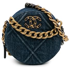 Chanel-Chanel Blue Denim 19 Round Clutch with Chain-Blue,Other
