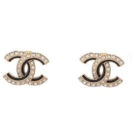 Chanel-NINE CHANEL CC LOGO STRASS METAL GOLD EARRINGS-Golden