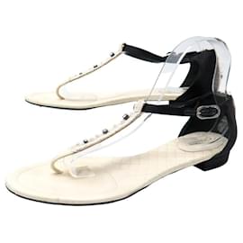 Chanel-CHANEL SHOES STRASS FLIP FLOPS 40 QUILTED LEATHER SANDALS-Cream