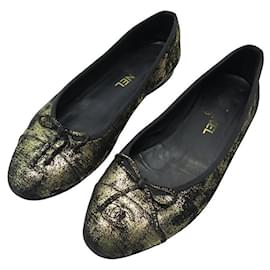 Chanel-CHAUSSURES CHANEL BALLERINES G02819 LOGO CC 40 TOILE NOIR DORE FLAT SHOES-Autre