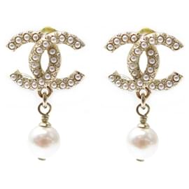 Chanel-NINE CHANEL LOGO CC PEARL DROP EARRINGS NEW-Golden