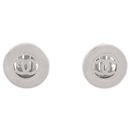 Chanel-VINTAGE BOUCLES D'OREILLES CHANEL PUCES LOGO CC 1996 METAL ARGENTE EARRINGS-Argenté