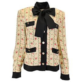 Gucci-Gucci Marocain Jacket With Rose Print In Ivory Silk-White,Cream