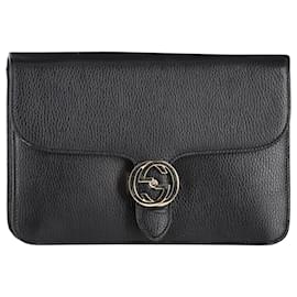 Gucci-Gucci Interlocking G Shoulder Bag in Black Leather -Black