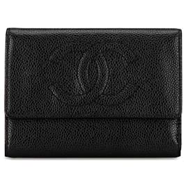 Chanel-Portefeuille compact trifold Chanel Coco Mark en cuir A13226 en bon état-Noir