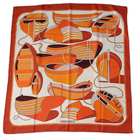 Hermès-Écharpe orange Thalassa Hermes avec des bateaux 1973-Orange