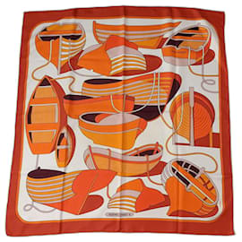 Hermès-Thalassa Hermes orange scarf with boats 1973-Orange