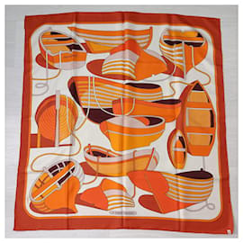 Hermès-Écharpe orange Thalassa Hermes avec des bateaux 1973-Orange