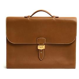 Hermès-1996 Hermes sac a depeches 41 Gold leather brief case hand bag Pristine-Caramel,Gold hardware