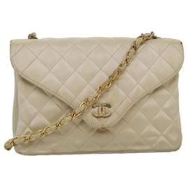 Chanel-CHANEL Matelasse Chain Shoulder Bag Satin Beige CC Auth bs15109-Beige