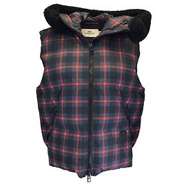 Coach Navy Blue / Red Riley Hooded Plaid Puffer Vest Navy blue