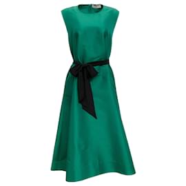 Autre Marque-Mantu Green Silk Sleeveless Midi Dress with Black Tie Waist-Green