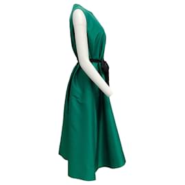 Autre Marque-Mantu Green Silk Sleeveless Midi Dress with Black Tie Waist-Green
