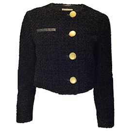 Balenciaga-Balenciaga Black Cropped Leather Trimmed Velvet Tweed Jacket-Black