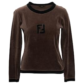 Fendi-Vintage Brown & Black Fendi Velvet Logo Long Sleeve Top Size IT 40-Brown