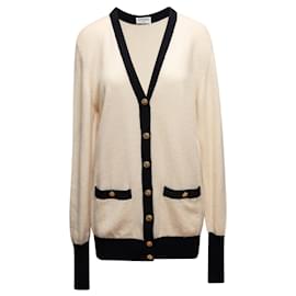 Chanel-Vintage Cream & Black Chanel Cashmere V-Neck Cardigan Size US M/L-Cream