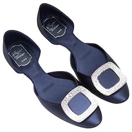 Roger Vivier-Navy Roger Vivier Satin Crystal Buckle d'Orsay Flats Size 39-Navy blue