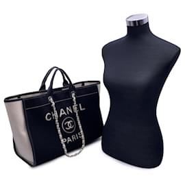 Chanel-Black and hite Felt Wool Large Deauville Tote Shoulder Bag-Black