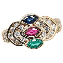 & Other Stories-K18YG Yellow Gold Ring with Emerald, Ruby, Sapphire, Diamond in Great Condition-Golden