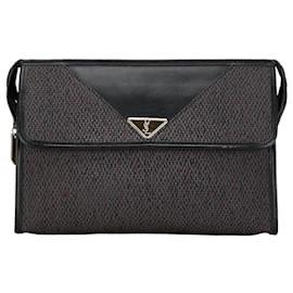 Yves Saint Laurent-Yves Saint Laurent Tweed Leather Logo Clutch Bag in Very Good Condition-Black