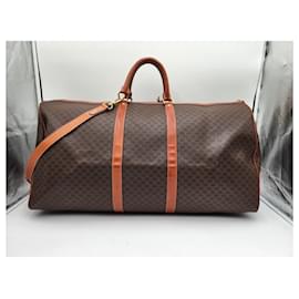 Céline-Celine Large Brown Canvas Leather Duffel Travel Boston Bag-Brown