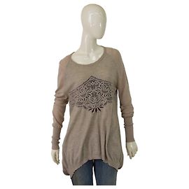 High Pullover Beige Blumen Wolle Alpaka Größe M Beige