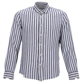 Brunello Cucinelli-Brunello Cucinelli Leisure Fit Striped Shirt in Light Blue Linen-Blue,Light blue