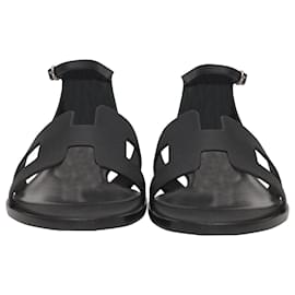 Hermès-Hermès Santorini Sandals in Black Calfskin Leather-Black