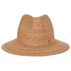 Maison Michel-Maison Michel Logo Fedora Hat in Brown Straw-Brown