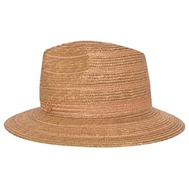 Maison Michel-Maison Michel Logo Fedora Hat in Brown Straw-Brown