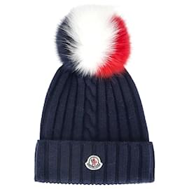 Moncler-Moncler Beanie with Multicolor Pompom in Navy Blue Wool-Blue,Navy blue